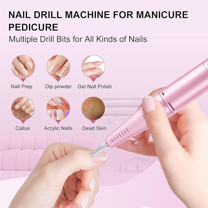 Professional Electric Nail Drill File:COSYGLOW Glitter Portable Cordless E-File Nail Drill Kit with 11 Drill Bits,30000 RPM Rechargeable Nail Drills Machine for Acrylic Nails Gel Polishing (Pink)