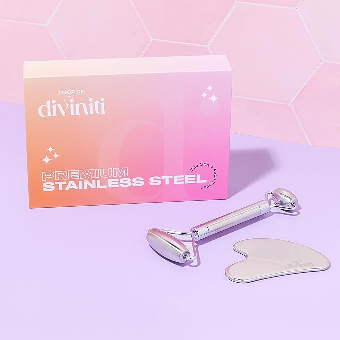 Stainless Steel Face Roller - Premium Gua Sha Facial Tools Stainless Steel GuaSha Tool and Face Roller Set - Gua Sha Stainless Steel Gua Sha Tool - Metal Face Roller and Gua Shua Set - Spa Gifts