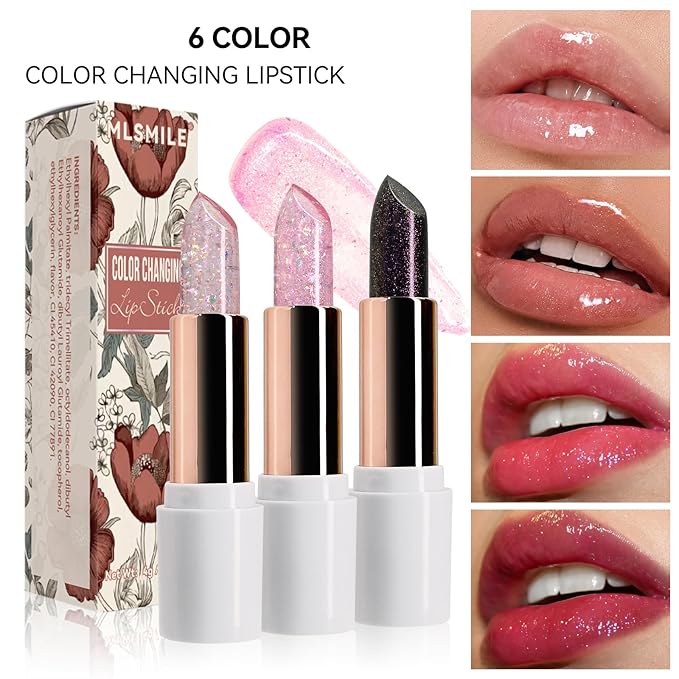 Purple Shimmer Lipstick,Ph Mood Magic Color Changing Lip Balm Plumping Glimmer Glow Lipstick Hydrating Lip Glow Oil Lasting Tinted Lip Balm Moisturizing Lips Care Temperature Jelly Lipstick(5#)