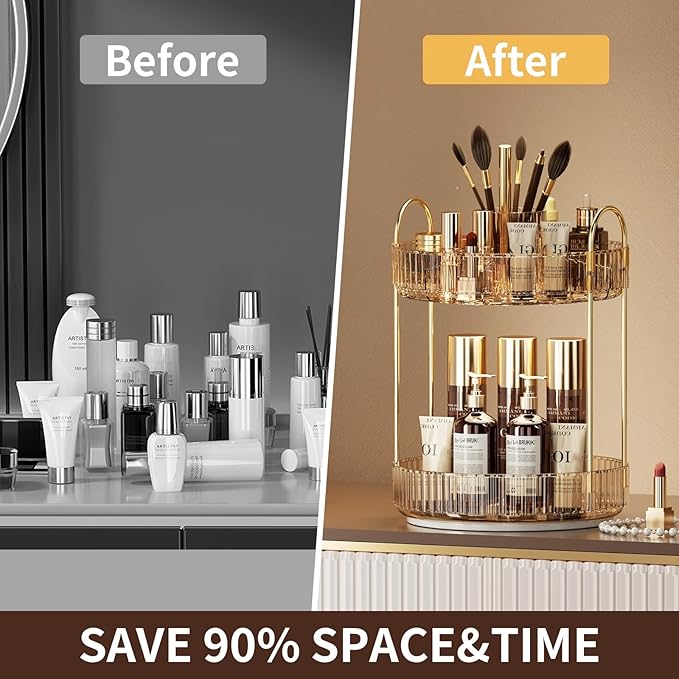 360 Rotating Makeup Organizer - Large-Capacity Skincare & Makeup Storage with 2-Tier Perfume Organizers, Cosmetic Dresser & Makeup Brush Holder - Fits Bedroom, Bathroom, Vanity Shelf & Countertop