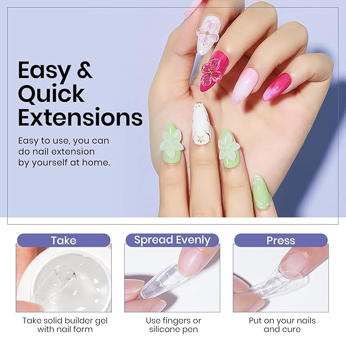 MIZHSE Solid Builder Gel Nail Kit with Nail Lamp, 3 Colors Builder Gel Clear Milky White Nude Hard Sculpting 3D Art U V LED Gels with Dual Form