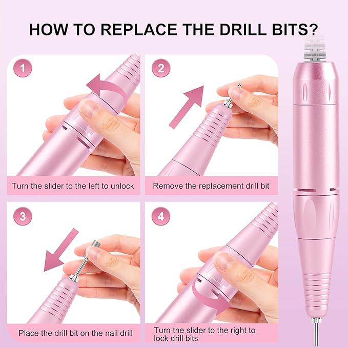Professional Electric Nail Drill File:COSYGLOW Glitter Portable Cordless E-File Nail Drill Kit with 11 Drill Bits,30000 RPM Rechargeable Nail Drills Machine for Acrylic Nails Gel Polishing (Pink)