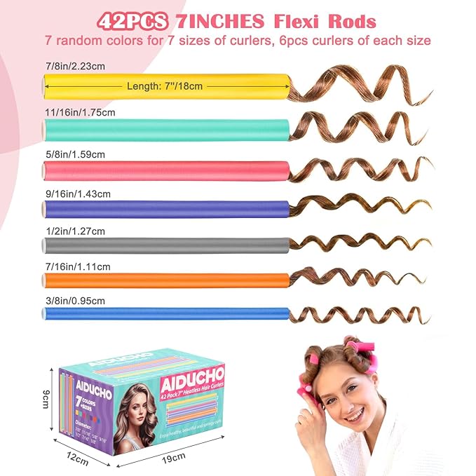 AIDUCHO Heatless Hair Curlers 42PCS Flexible Hair Rollers 7" Soft Foam Hair Curlers No Heat Bendable Curling Rods for Short Medium Long Hair, 7 Colors & Sizes