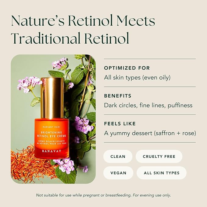 RANAVAT Brightening Retinol Eye Cream - Anti Aging Eye Cream and Dark Circle Corrector to Help Target Fine Lines - Enriched with Micro-Encapsulated Retinol, Bakuchi Seed, & Saffron (0.5 oz)