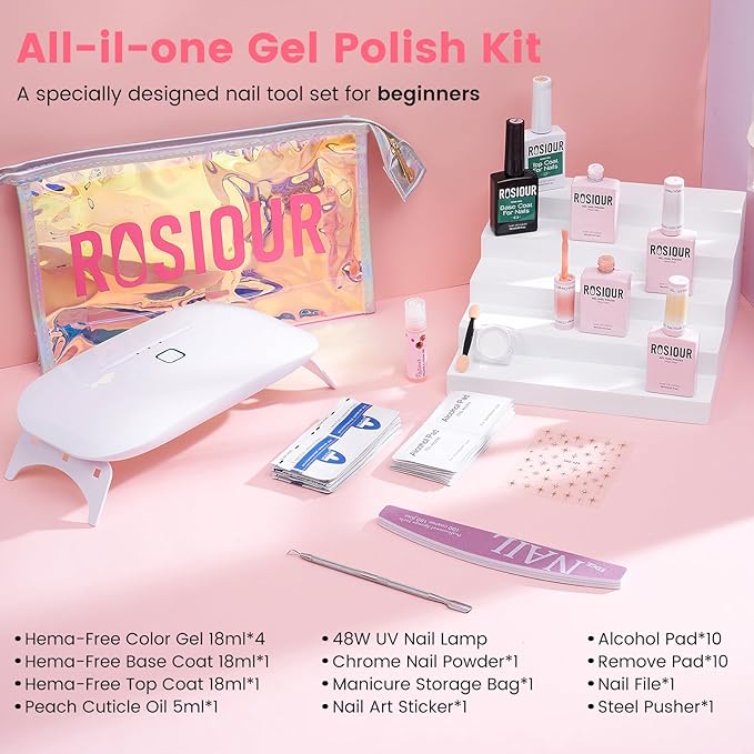 Jelly Gel Nail Polish Kit with U V Light, Hema-Free Milky Jelly White Pink Nude Orange Gel Polish Set with Base & Top Coat Chrome Nail Powder, 4 Colors Mini Salon Nail Art Starter Gift for Women Girl