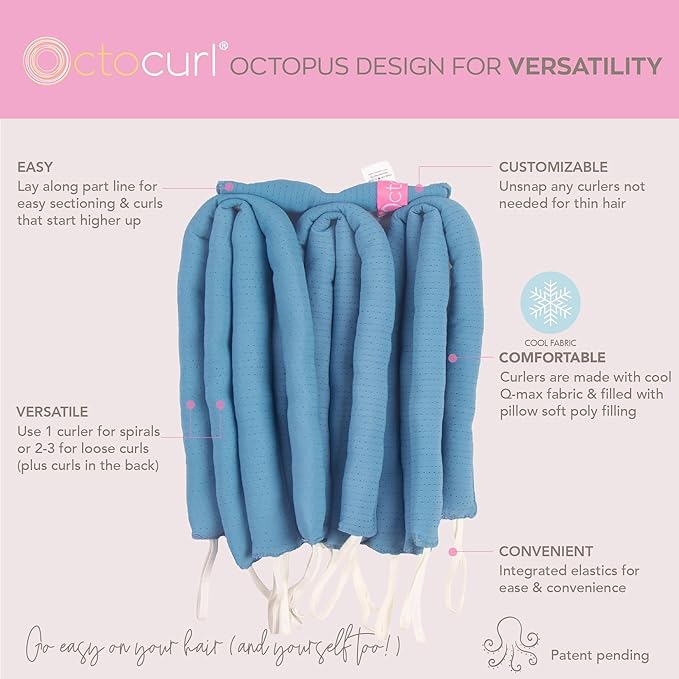 Octocurl Heatless Hair Curler - No Headband Octopus Curler - Overnight Curls for Short Hair (QMax - Blue)