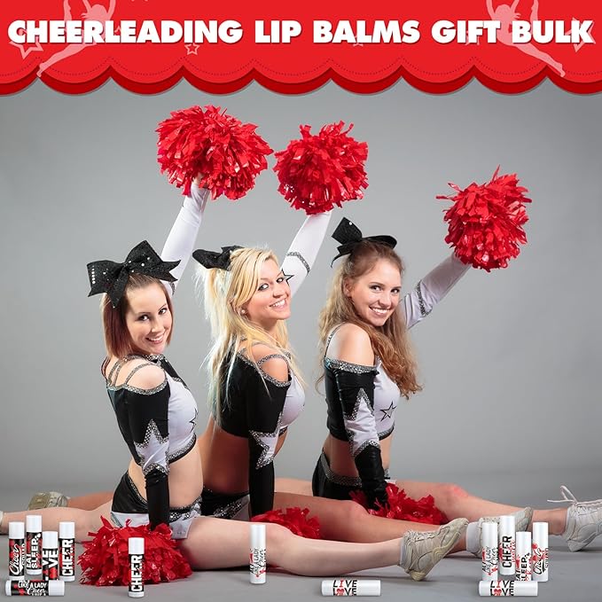 50 Sets Cheer Gifts Bulk 50 Cheer Lip Balm Bulk Moisturizing with 50 Organza Drawstring Gift Bags 50 Tags Cheerleader Gifts Cheer Gifts Bulk for Team (Red)