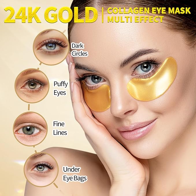 ROUSE Under Eye Patches (20 Pairs), 24K Gold Collagen Anti-Wrinkle Eye Mask Golden Anti-Aging Smooth Eye Pads for Dark Circles Puffy Eyes Moisturizing Nourishing