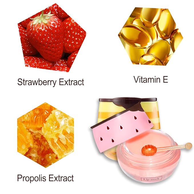 2 PCS Bee Lip Balm Lip Mask Honey Pot, Honey & Strawberry Lip Mask Propolis Moisturizing Lip Balm with Stick - Hydrating Prevention Dry and Cracked Lip Scrubs Exfoliato Lip Wrinkle Care