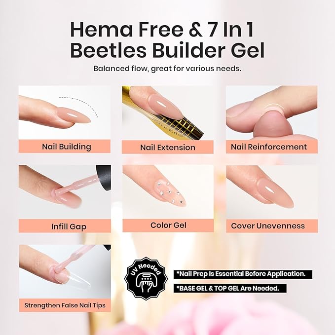 Beetles Builder Gel 7 in 1 Strengthener Gel Nail Polish Nude Color Jelly Beige for Nail Apex and Extension Cover Building Nail Salon DIY Manicure Design