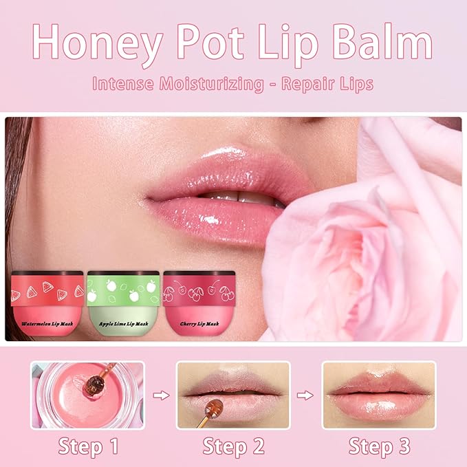3 Pcs Bee Lip Balm Honey Pot, Cherry Watermelon Apple Lip Mask Overnight, Moisturizing Lip Sleeping Mask, Hydrate Repair Prevent Dry Cracked Lip Exfoliator Lip Care (Cherry+Watermelon+Apple Lime)