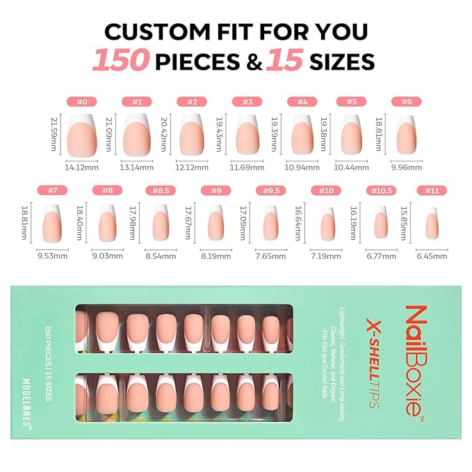 modelones French Tip Press on Nails, 150Pcs Short Coffin Fake Nails with Nail Box, Deep Nude Gel Nail Tips for Women, Soft Glue-On Nails for Natural Salon Look, DIY Nail Art Kit (15 Sizes)
