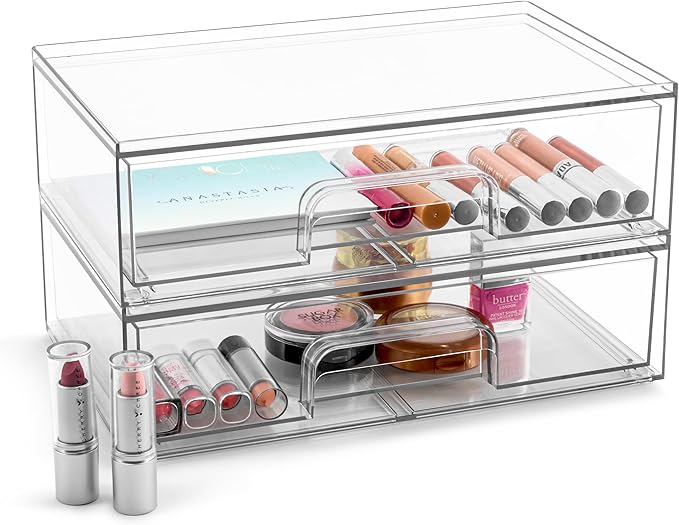 Sorbus Acrylic Storage Containers - 2 Pack, Stackable Storage Bins Set for Bathroom Organization - Clear Acrylic Drawer Organizers - Makeup Case Pull-Out Drawers (12.1’’ Wide)