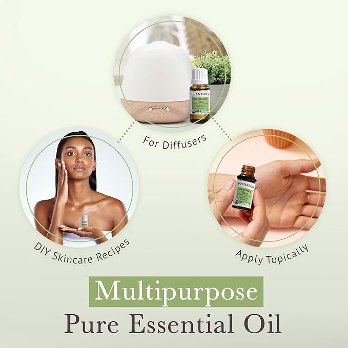 Pranarom USDA Certified Organic Rose Geranium Essential Oil (15ml), 100% Pure Undiluted Therapeutic Grade from Madagascar for Aromatherapy, Diffuser, Skincare, Relaxation, Pure Rose Scent