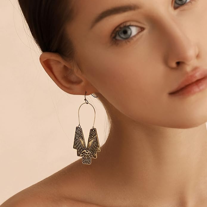 Zealmer Gold Geometric Earrings Statement Vintage Boho Ethnic Earrings Hollow Out Fan Shape Dangle Drop Earrings for Women Birthday Christmas Valentines Day Gift