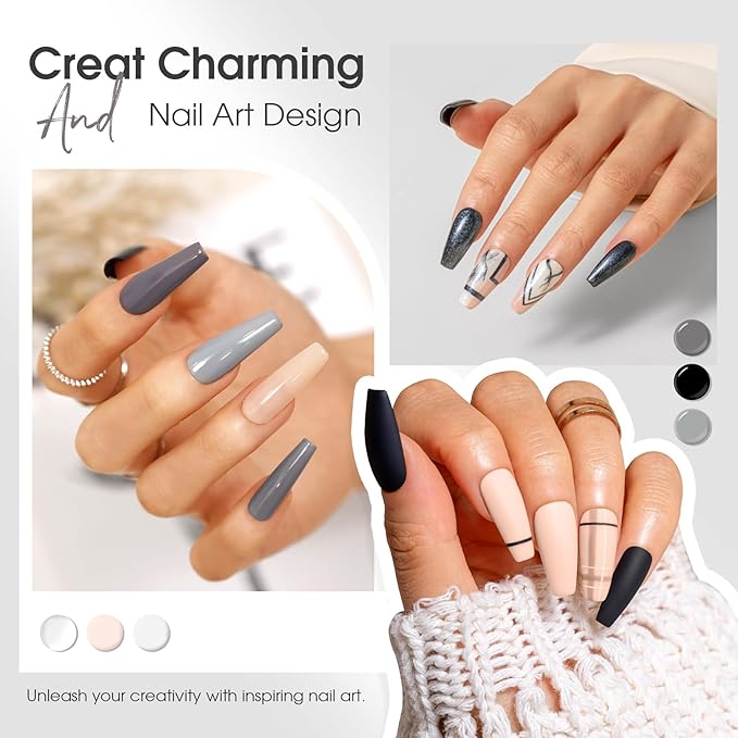 ROSALIND White Black Gel Nail Polish Set with Matte and Glitter Top Coat, 6 Colors Black Milky White Neutral Nude Grey Gel Nail Polish Soak Off Gel Nail art