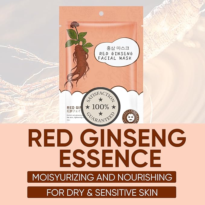 10Pack Sheet Face Masks Skincare for All Skin Types, Moisturizing Hydrating Face Masks Suitable for Sensitive Skin, Red Ginseng Face Masks for Wrinkles, Fine-Lines, Firmness and Elasticity