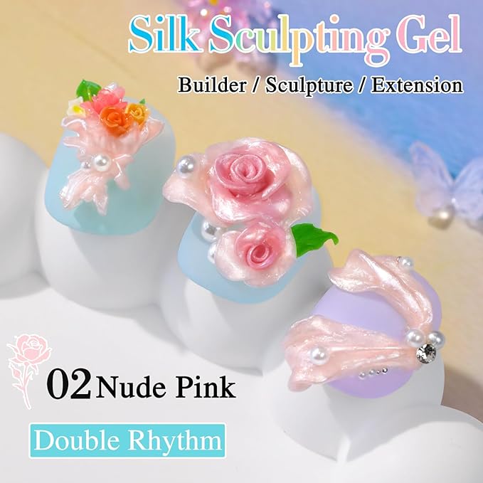 Double Rhythm 3D Nail Gel Pearl Solid Sculpting Gel for Nail Art Non-Sticky Hard for Building Carving Molding Extension Soak Off UV/LED Nail Art Salon Home DIY 0.5 Oz (Nude-Silk 02)