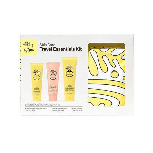 Sun Bum Skin Care Travel Essentials Kit | Cleanse, Brighten, Moisturize, Protect with Daily Cleanser, Brightening Face Scrub, and Daily Sunscreen Moisturizer | Includes Aloha Collection Travel Pouch