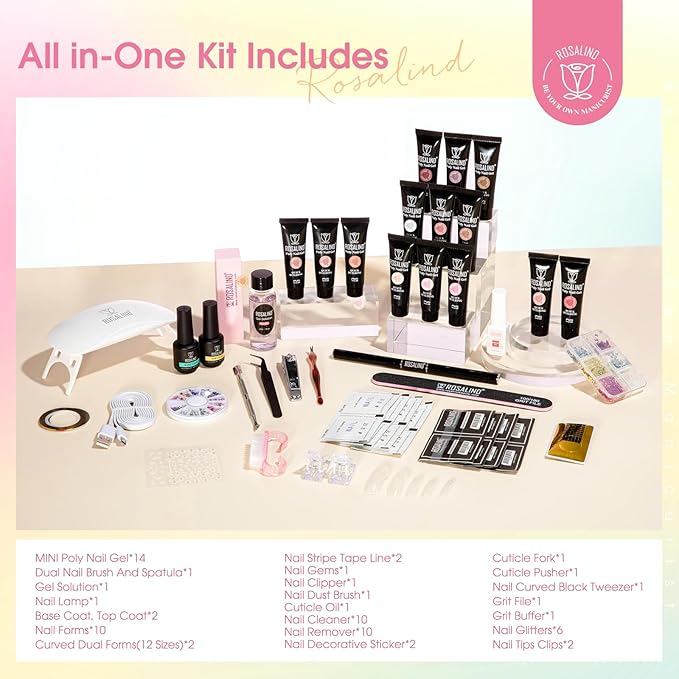 ROSALIND Poly Nail Gel Kit -14 Colors Nail Art Accessories kit Clear Nude Nail Extension Gel Starter with Slip Solution White Nude Pink Nail Extensions Gels Set with Mini UV Lamp