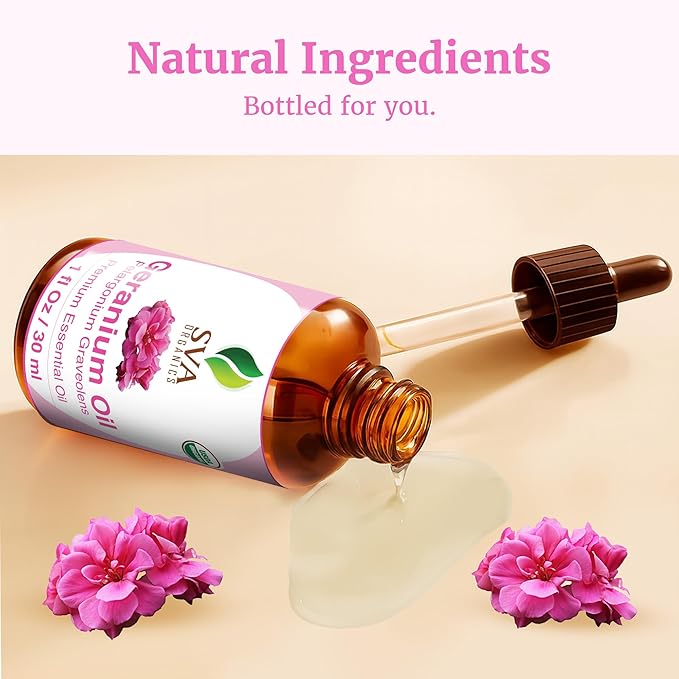 SVA Geranium Essential Oil Organic – 1 Fl Oz – 100% Natural Organic Geranium Oil - for Diffuser, Hair Care, Face, Skin Care, Aromatherapy, Scalp and Body Massage, Soap and Candle making – with Dropper