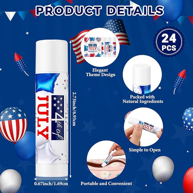 24 Pcs SPF 30 Lip Balm Bulk for Summer Wedding Baby Shower 4th of July Party Sunscreen Lip Balm Sticks Outdoor Travel Sunscreen Care Lip Balm for Thank You Gifts Party Supplies (4th of July)