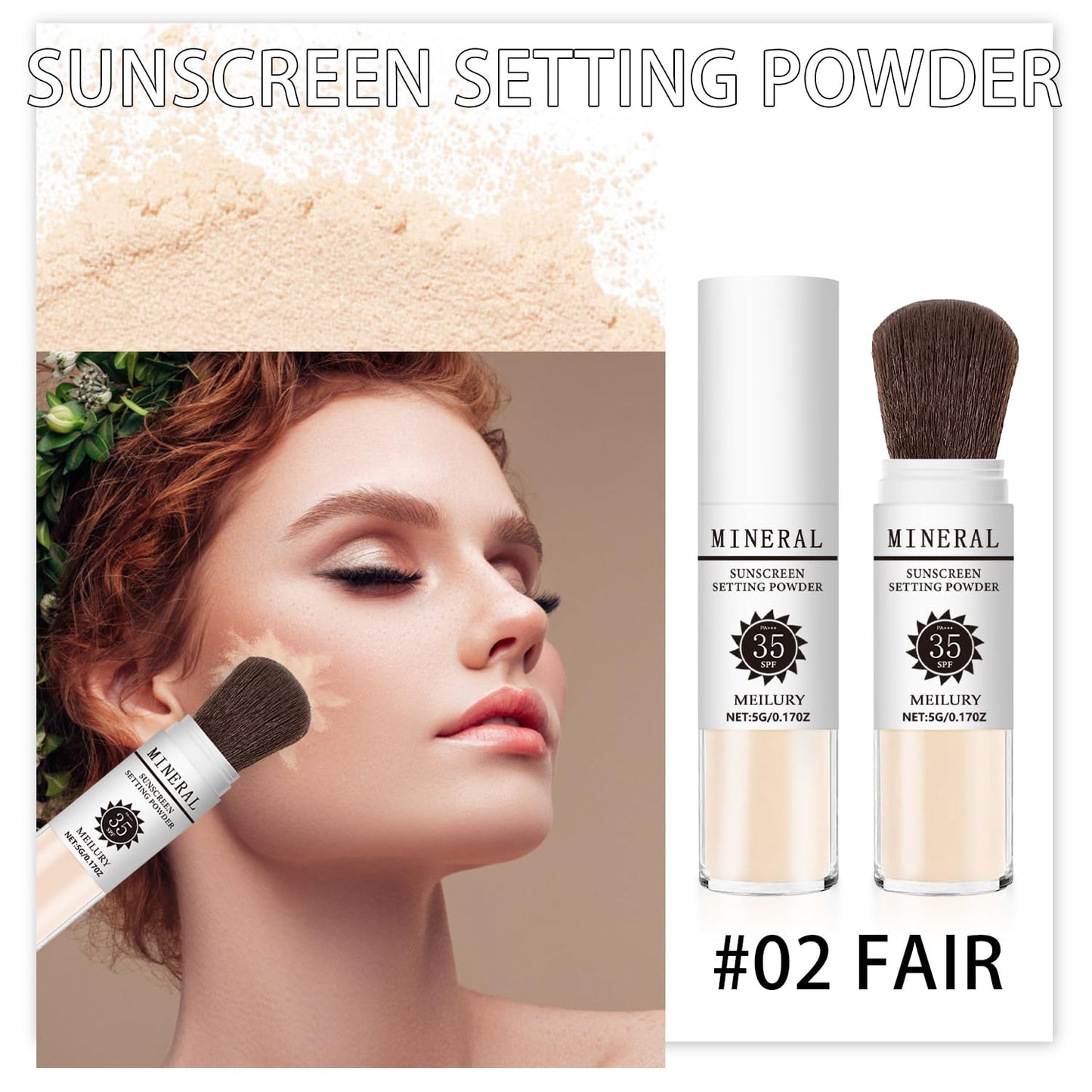 Sunscreen Setting Powder SPF 35, Mineral Brush Powder for Face & Scalp, Oil Control Natural Matte Finish Loose Powder Translucent Lasting Lightweight Breathable for All Skin (#02 Fair)