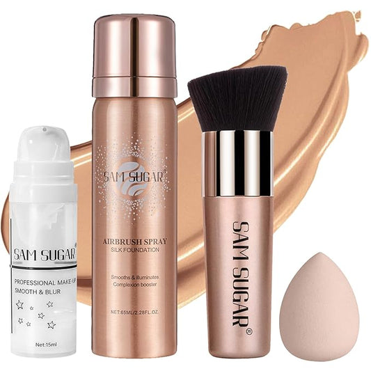 AirBrush Foundation Spray Set, Spray Foundation Makeup and Hydrating Face Primer Kit, Longwear Waterproof Liquid Matte Foundation Mist for Flawless Look, Brush and Sponge Include (#6 Sunny Beige)