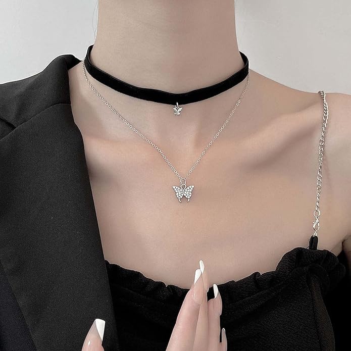 Vintage Black Choker Necklace Chain Goth Leather Choker Butterfly Pendant Necklace Velvet Choker Punk Necklace Rock Statement Butterfly Necklace Charm Jewelry Gift for Women and Girls