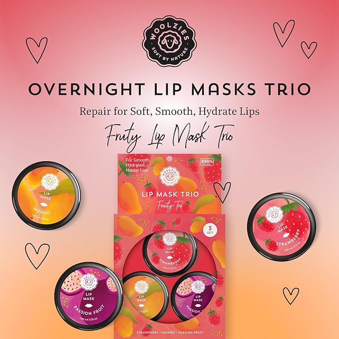 Overnight Lip Sleeping Masks Trio - Set of 3 All Natural Hydrating Lip Treatment - Overnight Repair for Soft, Smooth, Hydrated Lips (3 Pack, Fruity Trio)