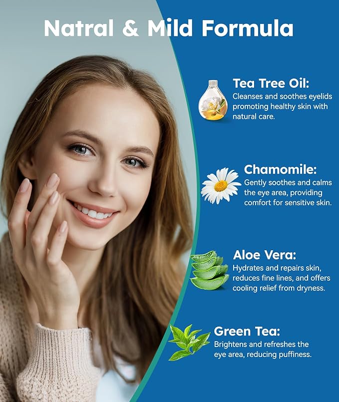 60-Count Eyelid Cleansing Wipes for Dry Eye & Blepharitis, tea tree oil Pre-Moistened Hypoallergenic EyeWipes for Sensitive Itchy Eyes, Individually Wrapped Eyelid Wipes Travel Essentials