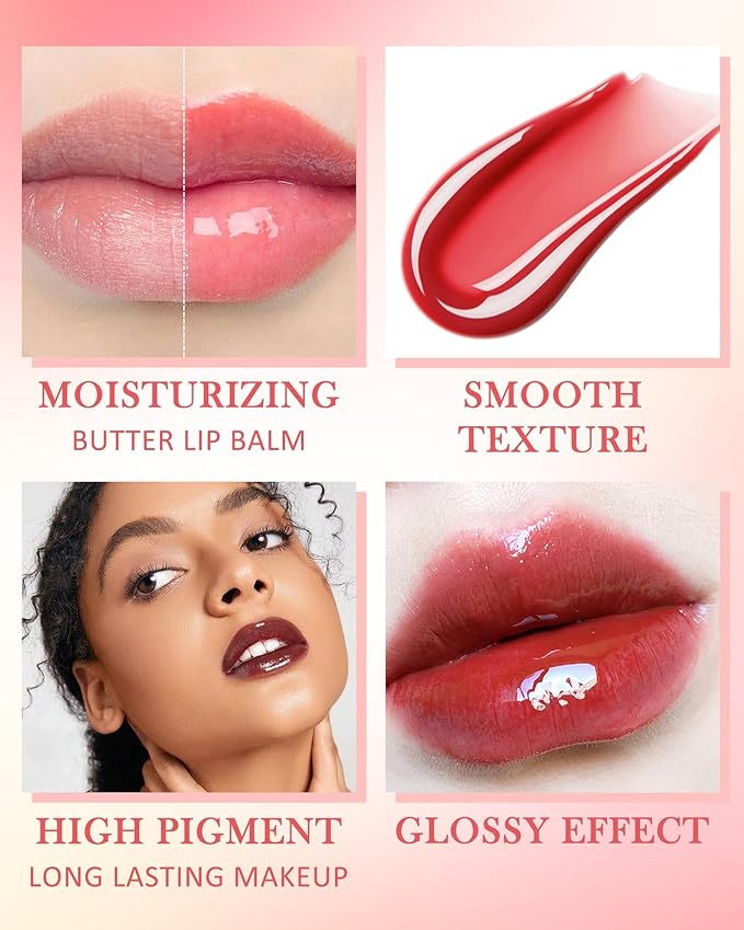 Tinted Lip Butter Balm-3 Colors Vanilla Beige Brown Pink Sugar Glossier Lip Gloss,Clear Jelly Yummy Tint Lip Stain Balm,Long Lasting Hydrating Non-Sticky Glow Reviver Fat Lip Care Oil for Women-Set A