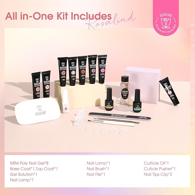 ROSALIND 8PCS Poly Nail Gel Kit with Mini Nail Lamp Clear Nude Purple Brown Poly Extension Gel Kit Mini Starter Kit