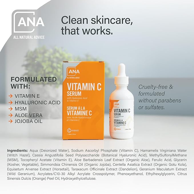 All Natural Advice Vitamin C Serum 60mL | 20% Vitamin C Face Serum Solution with Organic Botanicals, Hyaluronic Acid & Vitamin E | UV-Shielding Glass Bottle, Spray & Dropper | Canadian Skin Care