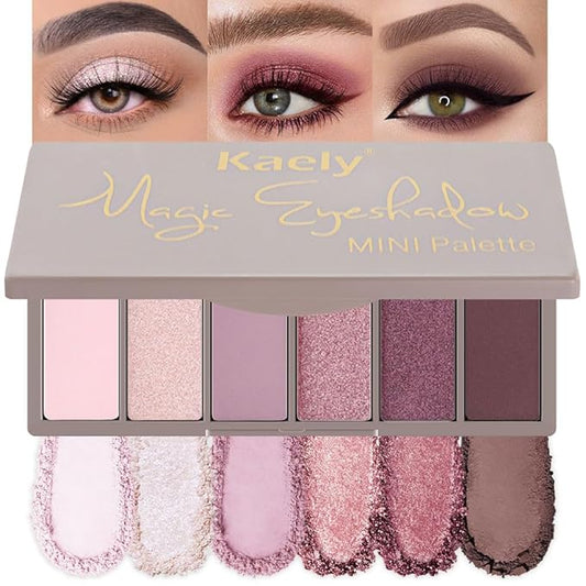 evpct 6 Colors Pink Eyeshadow Palette, Nude Pink Plum Mauve Champagne Rose Orchid Wine Red Glitter Shimmer Matte High Pigment Mini Travel Eye Shadow Palette Makeup for Older Women, Built in Mirror