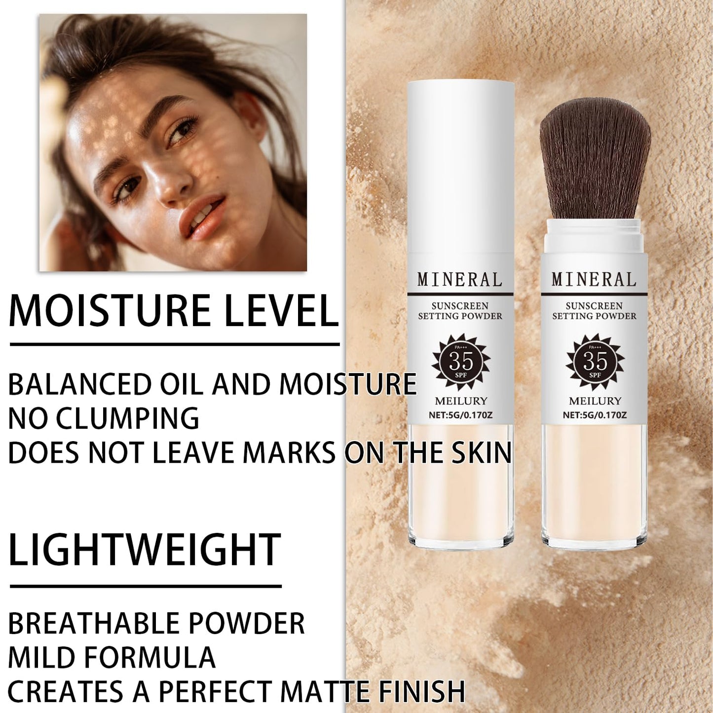 Sunscreen Setting Powder SPF 35, Mineral Brush Powder for Face & Scalp, Oil Control Natural Matte Finish Loose Powder Translucent Lasting Lightweight Breathable for All Skin (#02 Fair)