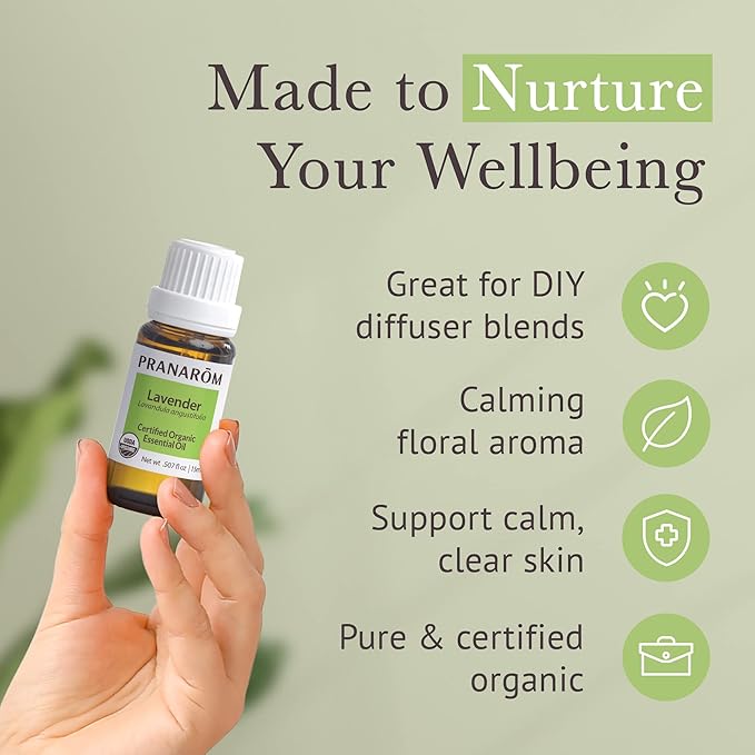 Pranarom USDA Certified Organic Lavender Essential Oil (15ml), 100% Pure Undiluted Therapeutic Grade from French Alps for Aromatherapy, Diffuser, Healthy Skin & Hair, Massage, Relaxation