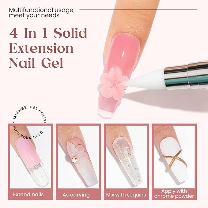 MIZHSE Solid Builder Gel, Nail Sculpture Gel Non-Sticky 4 Colors Nude Clear White Pink Hard Builder Nails UV LED Nail Extension for Salon Manicure Home DIY