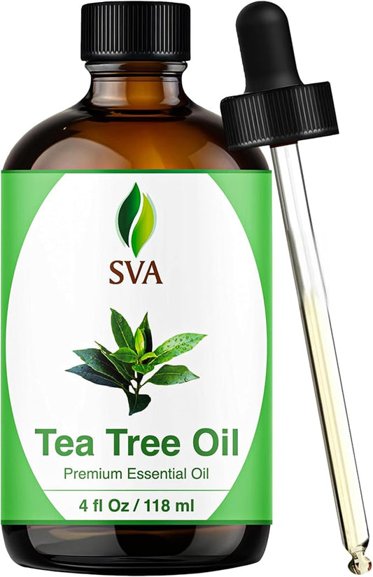 SVA Tea Tree Essential Oil – 4 Fl Oz – 100% Natural Tea Tree Oil - for Diffuser, Hair Care, Face, Skin Care, Aromatherapy, Scalp and Body Massage, Soap and Candle Making – with Dropper