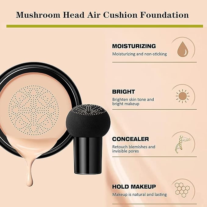 Beauty Glazed Mushroom Head Air Cushion CC Cream Foundation Cover Concealer Makeup Moisturizing Brightening Pigment Liquid Foundation, Even Skin Tone Makeup Base BB # 02 Naturel