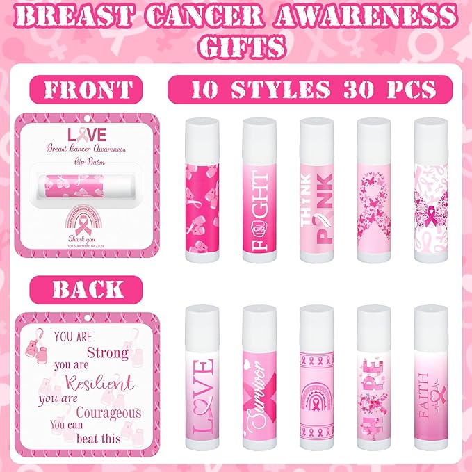 30 Pack Breast Cancer Awareness Favors Bulk Lip Balms Gifts Pink Ribbon Lip Balms Favors Breast Cancer Awareness Month Accessories Support Party Items Decorations for Women Men Survivors