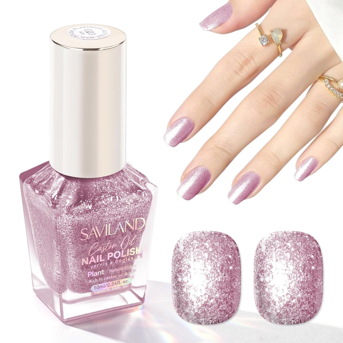 SAVILAND Color Artistry Rose Gold Glitter Nail Polish - 7 Days Shimmer Air Quick Dry Holographic Fingernail Polish, Sparkle Pink High Glossy Home DIY Manicure Gift for Women