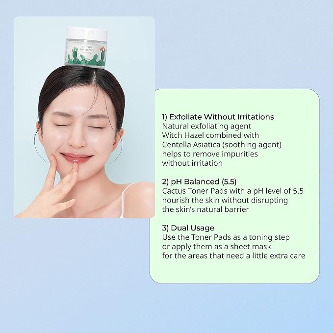 YADAH Cactus Toner Pads 5.07 Fluid Ounce 60 Count, Cruelty Free Facial Cleansing Exfoliator Toning Hydrating Treatment Wipes for Clear Pores Acne Prone Oily Dry Sensitive Skin