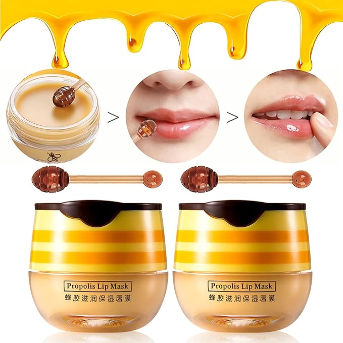 2 Pack Nourishing Bee Lip Balm Honey Pot, Moisturizing Honey Lip Mask, Hydrating & Prevention Dry and Cracked Lip Scrubs Exfoliator Lip Sleeping Mask Reduces Lip Lines Lip Care Products