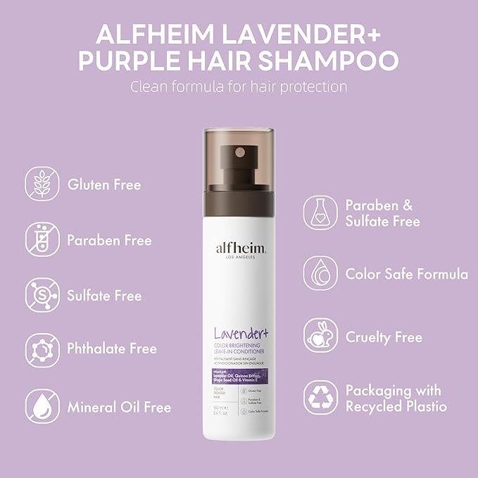 ALFHEIM Lavender Purple Leave-In Conditioner Spray Repairs Blonde & Gray Hair Strengthens Dry Damaged Strands Lightweight Non-Sticky Formula Paraben & Sulfate-Free for On-the-Go & Post-Color Care
