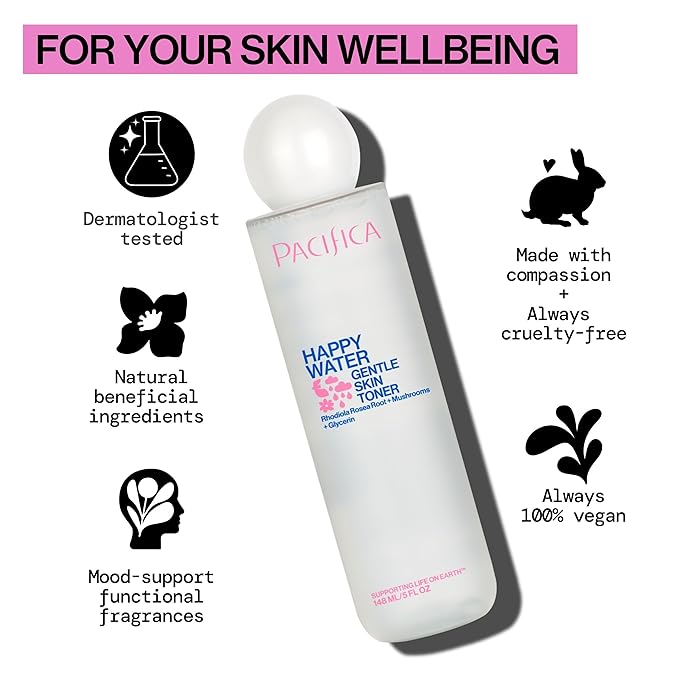 Pacifica Happy Water Hydrating Facial Toner Mist – Vegan Ceramides, Hyaluronic Acid & Electrolytes, Refreshing & Calming for Balanced Skin, Clean Beauty, Vegan, Cruelty-Free, All Skin Types, 4 oz