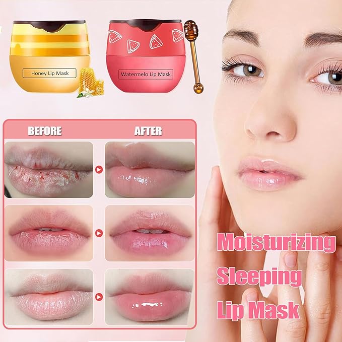 3 PCS Bee Lip Mask Honey Pot Lip Balm,Strawberry Watermelon Lip Mask Overnight Hydrating Dry and Crack Lip Scrubs Exfoliator Propolis Lip Sleeping Mask (Strawberry & Watermelon & Honey)