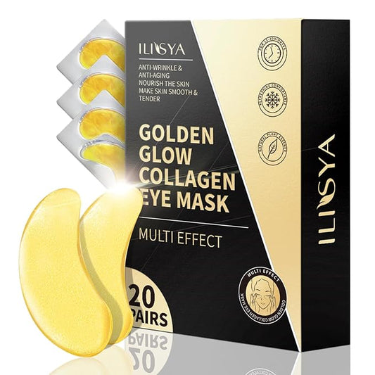 ROUSE Under Eye Patches (20 Pairs), 24K Gold Collagen Anti-Wrinkle Eye Mask Golden Anti-Aging Smooth Eye Pads for Dark Circles Puffy Eyes Moisturizing Nourishing