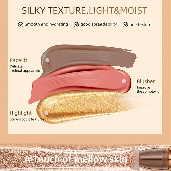 3Pcs Contour Beauty Wand,Liquid Face Concealer Contouring with Cushion Applicator,Liquid Blush Shading Bronzer Stick Natural Matte Finish, Lightweight Blendable Super Silky Cream Contour Stick Makeup