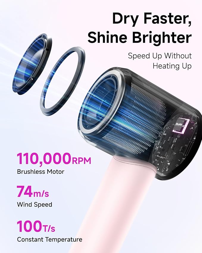 PLUZZ Hair Dryer with Diffuser Attachment, Diffuser Blow Dryer Ionic for Curly Hair, 110000RPM Brushless Motor High Speed Fast Hairdryer for Women/Men/Kids, Travel Hair Dryers Small Lightweight 1600W